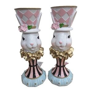 Tophat & Tails 12" Bunny Rabbit Candle Holders Easter Pastel Whimsical Harlequin